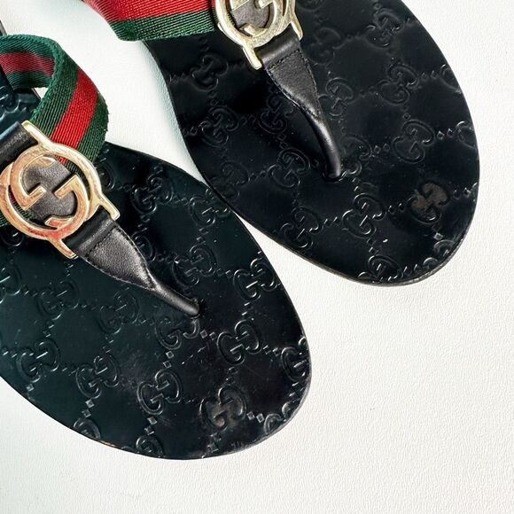 GUCCI Black Web Stripe GG Sandal 40.5 Flat Flip Flop Leather Guccissima Embossed - Picture 4 of 12